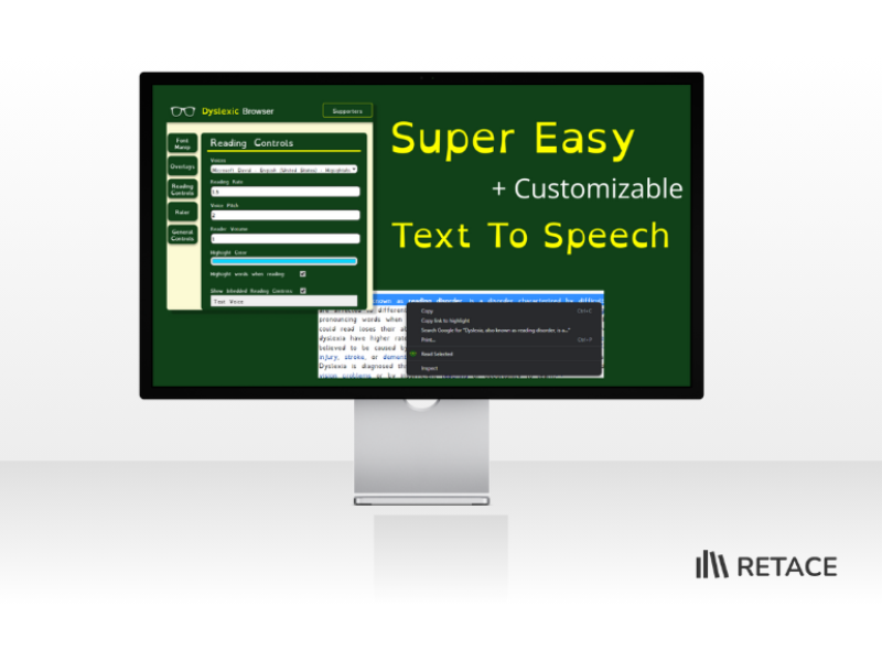 Tela de configurações da extensão "Dyslexic Browser" e exemplo do uso.